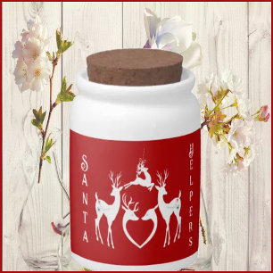 Nordic Christmas Reindeers White Santa Helpers Red Candy Jar