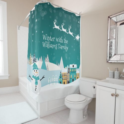 Nordic Christmas Snow Forest Santa Reindeer Sleigh Shower Curtain