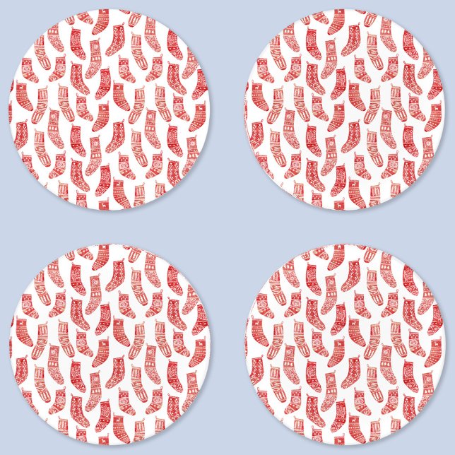 Nordic Christmas Stocking Pattern Coaster Set (Nordic Stockings red and white Scandinavian festive Christmas pattern coaster set)