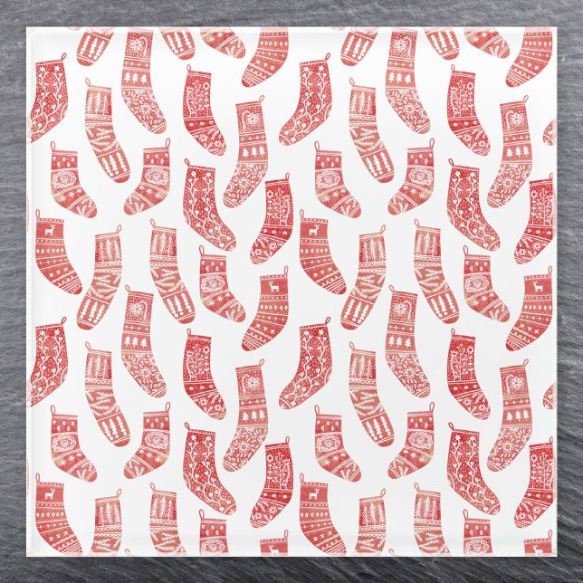 Nordic Christmas Stocking Pattern Glass Coaster (Nordic Stockings red and white Scandinavian festive Christmas pattern coaster)