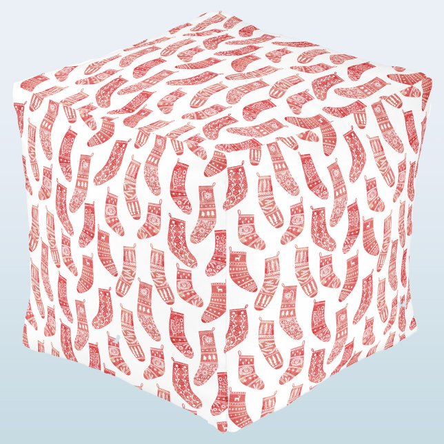 Nordic Christmas Stocking Pattern Pouf (Nordic Stockings red and white Scandinavian festive Christmas pattern pouf)