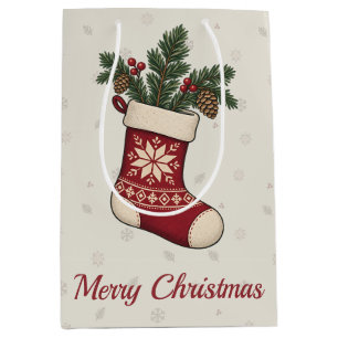 Nordic Christmas Stocking with Pine and Berries Medium Gift Bag