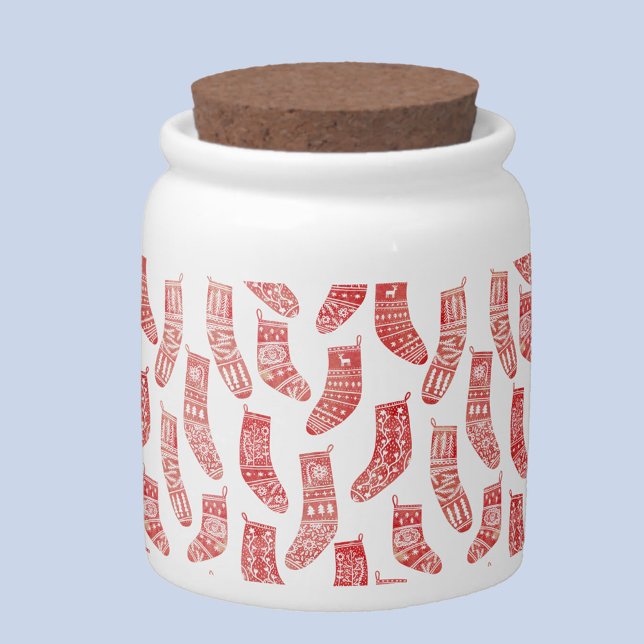 Nordic Christmas Stockings Red and White Pattern Candy Jar (Nordic red and white socks pattern festive candy jar)