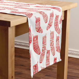 Nordic Christmas Stockings Red and White Pattern Short Table Runner