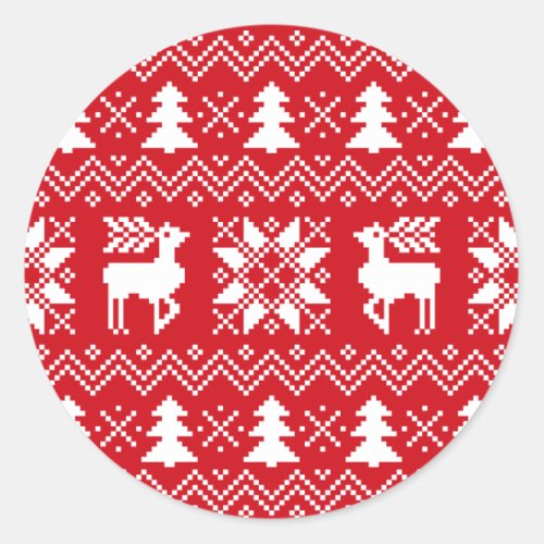 Nordic Christmas Sweater Inspired Red Pattern Classic Round Sticker