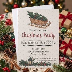 Nordic Christmas Tree on a Wooden Sled Holiday Invitation