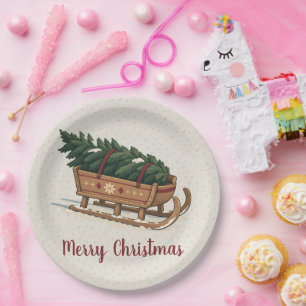 Nordic Christmas Tree on a Wooden Sled Holiday Paper Plates