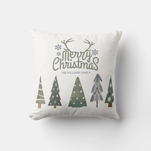 Nordic Christmas Trees Antlers Merry Christmas Throw Pillow