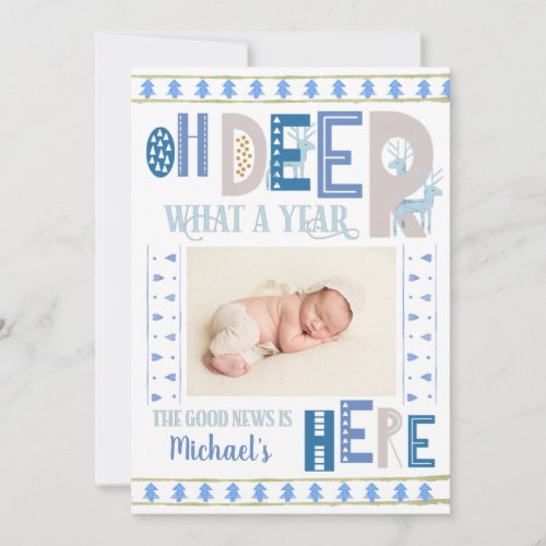 Nordic Christmas Trees Blue 3 Photo Holiday Birth Announcement