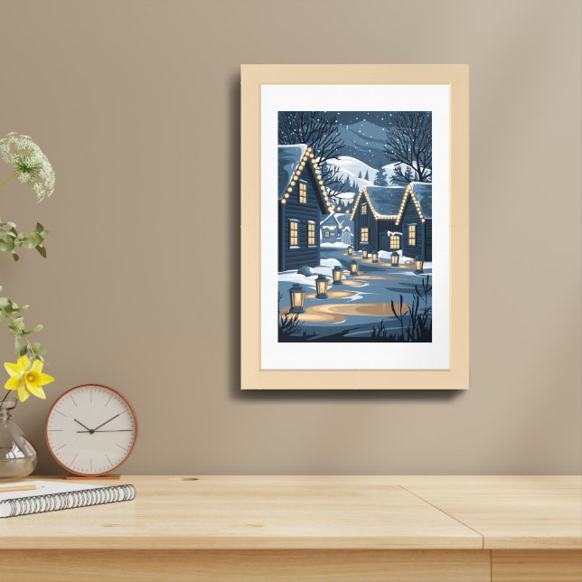 Nordic Christmas Village Art Scandinavian Winter  Framed Art (Table Top)