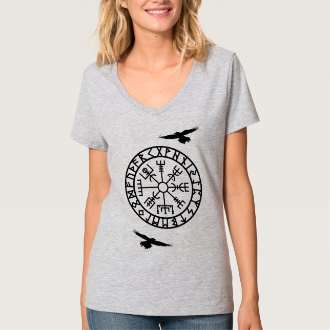 Nordic Compass, ravens, Huginn, Muninn, Viking T-Shirt (Front)