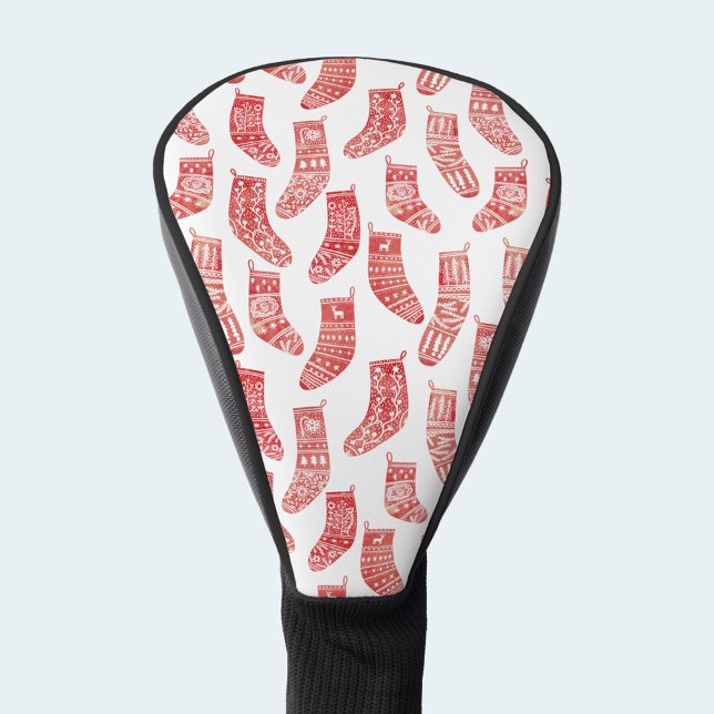 Nordic Cozy Stockings Golf Head Cover (Nordic Scandinavian red and white sock or stockings pattern golf head cover)