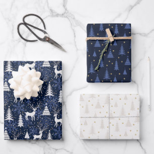 Nordic Crystal Cobalt Blue Christmas Deer Wrapping Paper Sheets