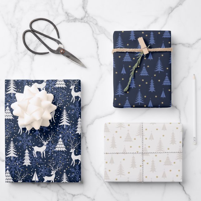 Nordic Crystal Cobalt Blue Christmas Deer Wrapping Paper Sheets (Front)