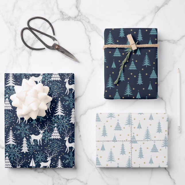 Nordic Crystal Teal Christmas Deer Wrapping Paper Sheets (Front)