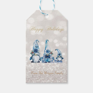 Nordic Cute Blue Gnomes Glitter Bokeh Gift Tags