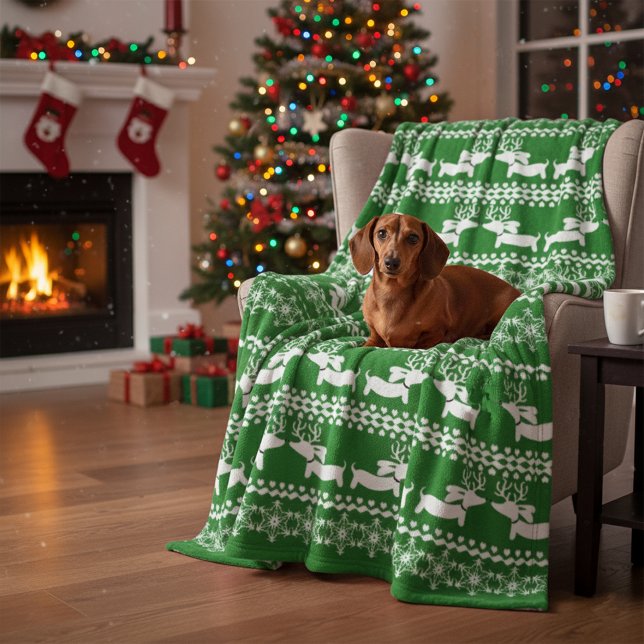 Nordic Dachshund Cozy Green Christmas Blanket (Green Nordic Dachshund Blanket for Christmas)