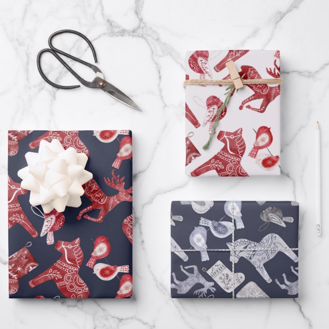 Nordic Dala Horse Moose Red Blue Christmas Wrapping Paper Sheets (Front)