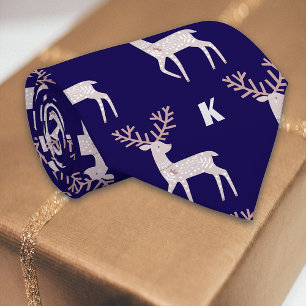 Nordic Deer Deep Blue Personalize Initial Neck Tie