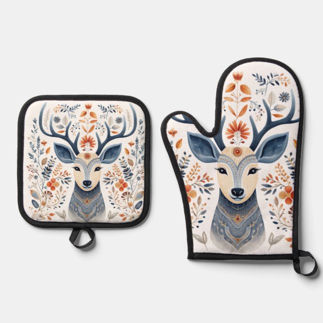 Nordic Deer Folk Art Oven Mitt & Pot Holder Set (Front)