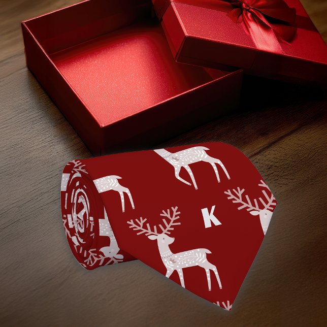 Nordic Deer Maroon Personalize Initial Neck Tie (Creator Uploaded)
