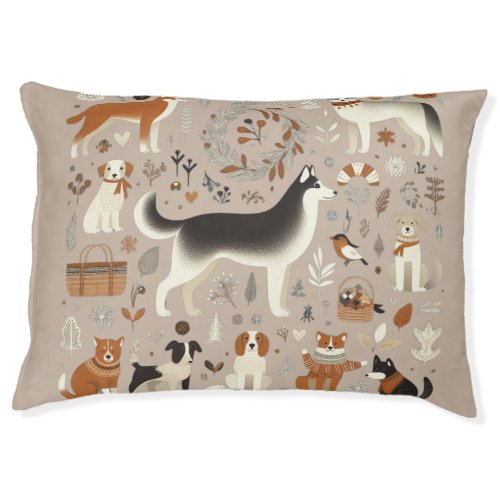 Nordic Dogs Birds and Nature Pattern Pet Bed