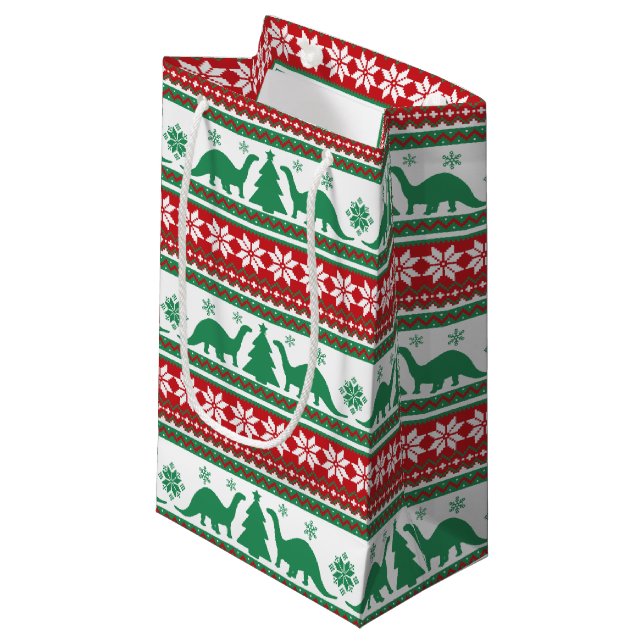 Nordic Fair Isle Brontosaurus Dinosaurs Sweater Small Gift Bag (Front Angled)