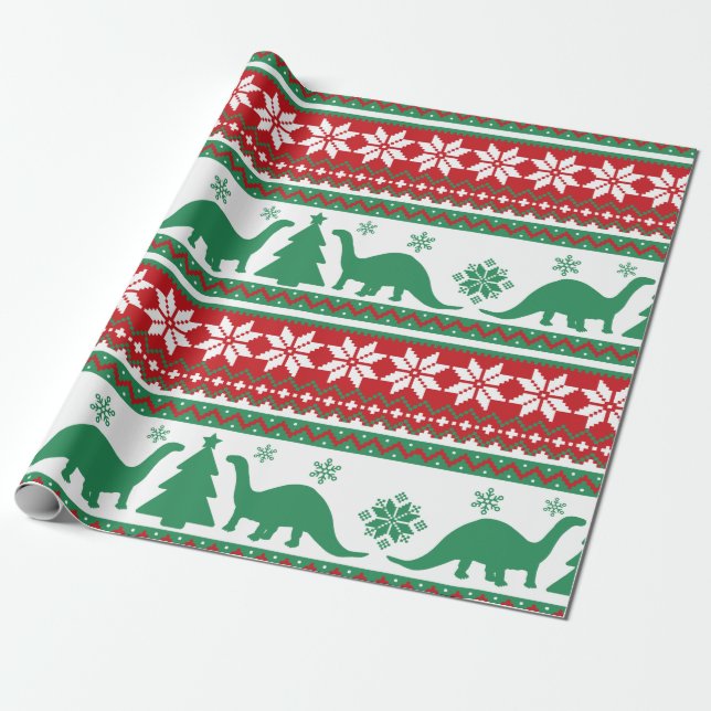 Nordic Fair Isle Brontosaurus Dinosaurs Sweater Wrapping Paper (Unrolled)