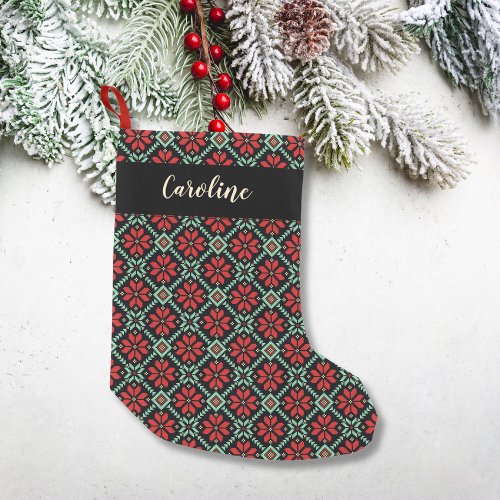 Nordic Floral Poinsettia Red Green Black Custom Small Christmas Stocking