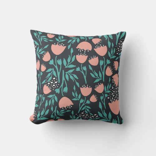 Nordic Floral Print Pink Turquoise Throw Pillow