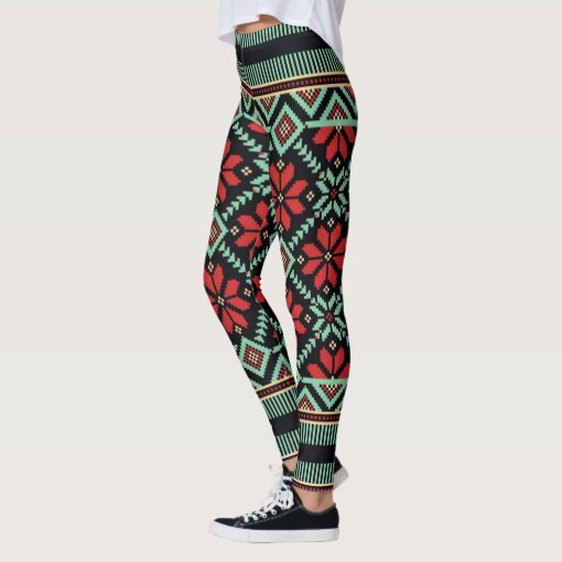 Nordic Floral Sweater Pattern Red Black Green Leggings | Zazzle