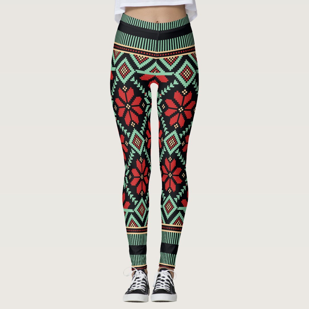 Nordic Floral Sweater Pattern Red Black Green Leggings | Zazzle