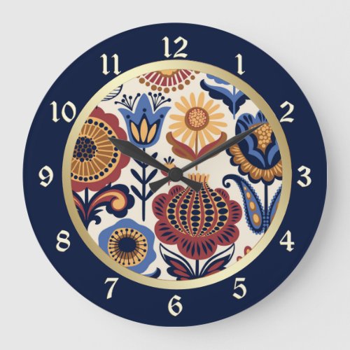 Nordic Flower Folk Art Pattern Large Clock