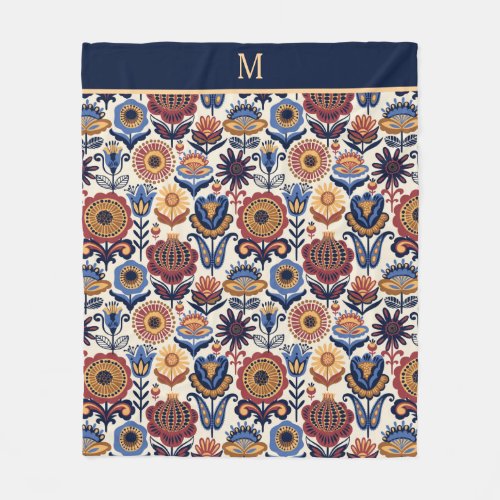 Nordic Flower Folk Art Pattern Monogram Fleece Blanket