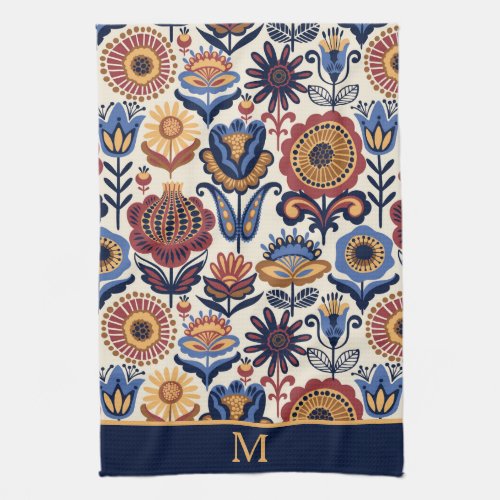 Nordic Flower Folk Art Pattern Monogram Kitchen Towel