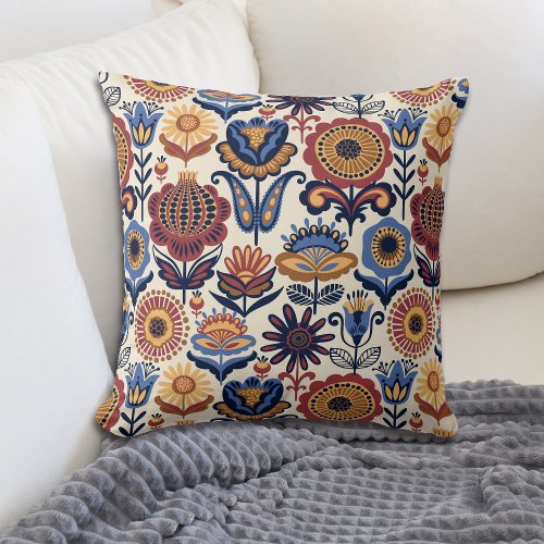 Nordic Flower Folk Art Pattern Throw Pillow