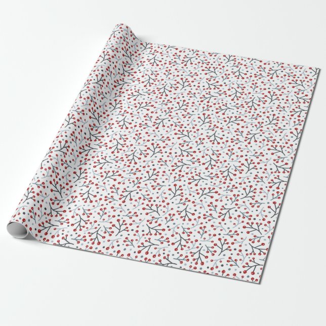 Nordic Folk Art Berry Branches Red Blue Christmas Wrapping Paper (Unrolled)