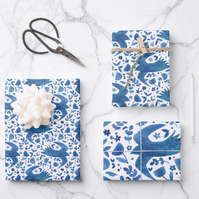 Nordic Folk Art Bird Wrapping Paper Sheets (Front)