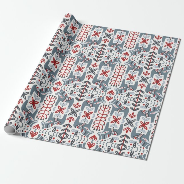 Nordic Folk Art Blue Dala Horses and plants Wrapping Paper (Unrolled)