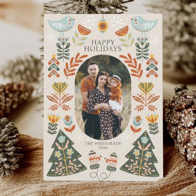 Nordic Folk Art Christmas Oval Photo Holiday Card (This holiday card features a Folksy Chic, Scandinavian/Nordic-inspired aesthetic.)