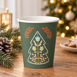 Nordic Folk Art Christmas Tree Forest Green Paper Cups
