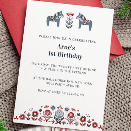 Nordic Folk Art Dala Horse Scandinavian Birthday Invitation