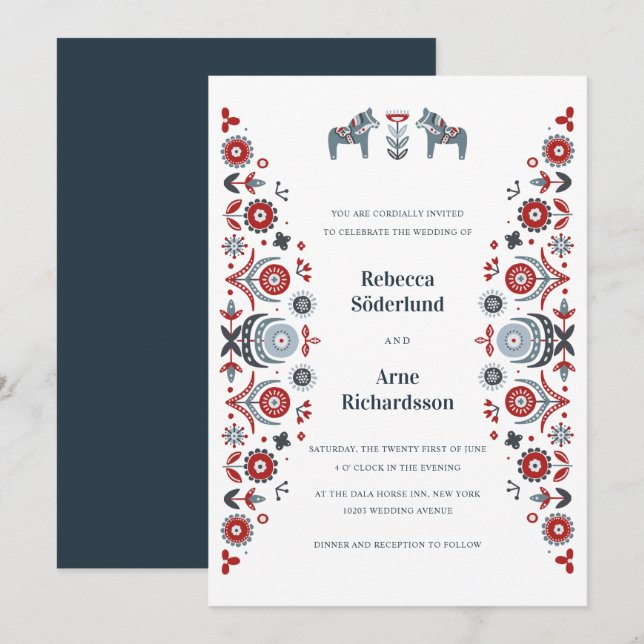 Nordic Folk Art Dala Horse Scandinavian Wedding Invitation (Front/Back)