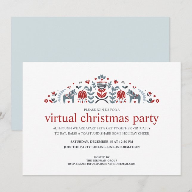 Nordic Folk Art Dala Horse Virtual Christmas Party Holiday Card (Front/Back)