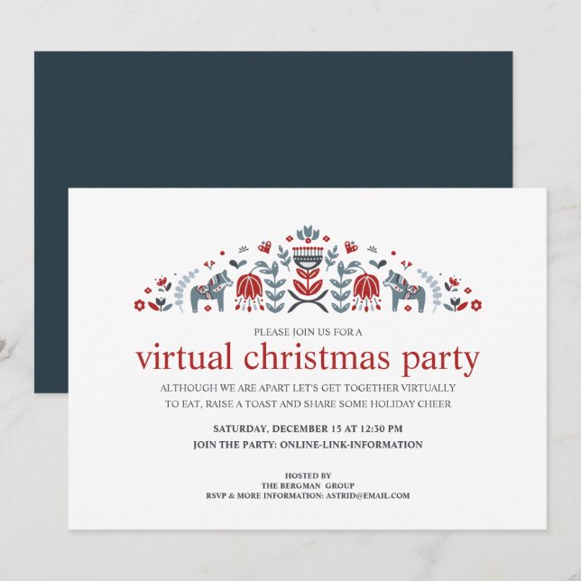 Nordic Folk Art Dala Horse Virtual Christmas Party Holiday Card (Front/Back)