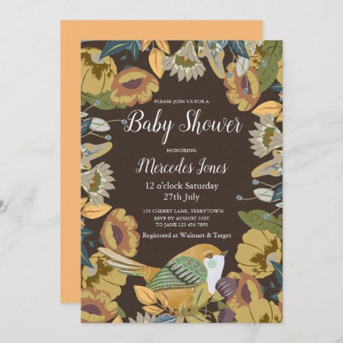 Nordic Folk Art Floral Bird Baby Shower Invitation