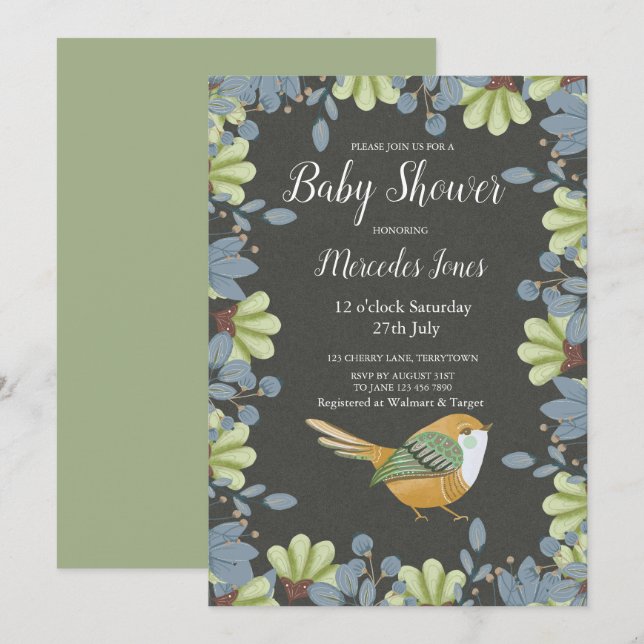 Nordic Folk Art Floral Bird Baby Shower Sage Green Invitation (Front/Back)