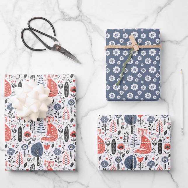 Nordic Folk Art Fox Wrapping Paper Sheets (Front)