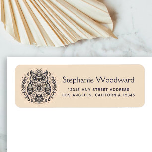 Nordic Folk Art Owl Black Beige Return Address Label