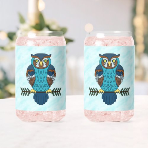 Nordic Folk Art Owl  Can Glass